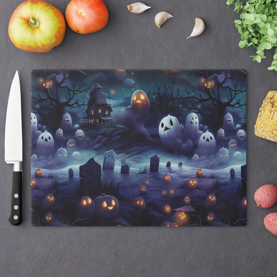 Ghost Graveyard Print on Tempered Glass Cutting Board Spooky Halloween Print on Glass Chopping Board Housewarming Gift Holiday Decor