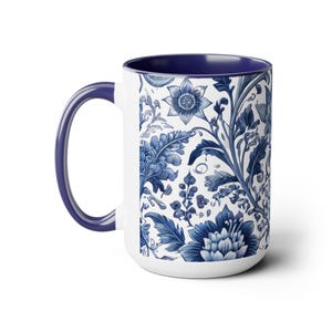 Blue and White Chinoiserie Coffee Mug 15oz Coffee Lover Gift Vintage Floral Mug Blue and White Flower Wrap Mug Chinoiserie Large Ceramic Mug image 8