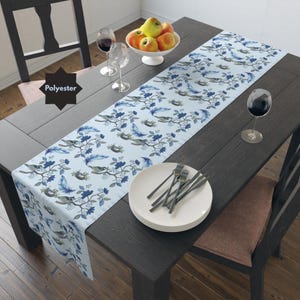Blue White Farmhouse Dining Accent Cotton Twill Table Runner Floral Design Home Style Wedding Decor Centerpiece Piece Oriental Pattern Table