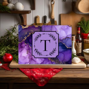 Custom Purple Monogram Print on Glass Cutting Board Custom Name Letter on Glass Chopping Board Personalized Wedding or Housewarming Gift