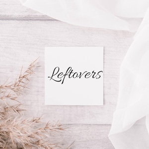 Op de afbeelding: Een witte kaart met het woord "Leftovers" in zwarte cursieve letters.