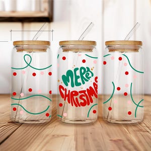 Retro Merry Christmas Print on Sipper Glass Cup for Coffee Enthusiast Unique Gift for Christmas Coffee Lover Gift Secret Santa Holiday Pick