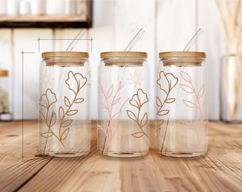 Boho Style Sipper Glass 16oz Minimalist Boho Glass Cup Boho Glass Sipper Cup with Lid and Straw Gift for Coffee Lover Floral Drinkware