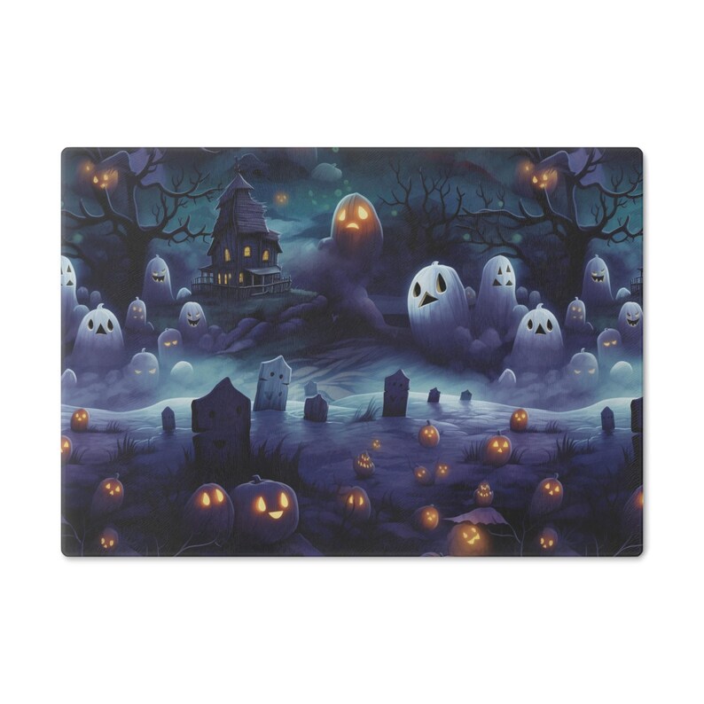 Ghost Graveyard Print on Tempered Glass Cutting Board Spooky Halloween Print on Glass Chopping Board Housewarming Gift Holiday Decor image 5