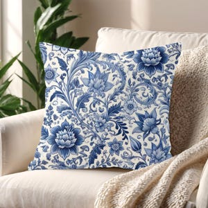 Blue and White Chinoiserie Decorative Pillow Cozy Home Accent Flower Print Cushion Gift for Her Boho Decor Seasonal Home Styling Cottagecore