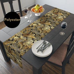 Modern Golden Floral on Black Print Table Runner for Dining Room Decor Gold Flower Design Table Runner for Kitchen Decor Gift for Wedding