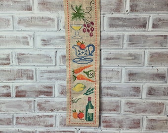 Hand Embroidered Vintage Wall Decor for kitchen Tapestry with vegetables and dishes design Perfect Housewarming Gift, Scandinavian textile