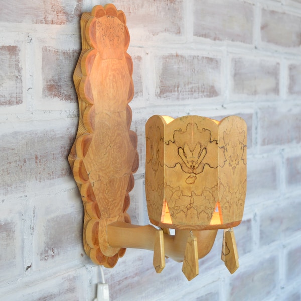 Scandinavian Vintage Handmade Wood Wall Hanging Lamp, Cute Housewarming Sconce gift for new home for her or gift for him