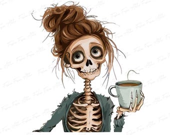 Cute Skeleton Messy Bun Drinking Coffee Png, Ghost Hot Coffee png, Halloween Ghost Png, Ghost Png, Stay Spooky Png, Halloween tshirt design
