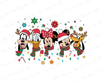 May include: A festive illustration featuring Disney characters Goofy, Donald Duck, Minnie Mouse, Mickey Mouse, and Pluto, all wearing Santa hats and striped scarves. The design includes snowflakes, candy canes, and colorful confetti, perfect for holiday-themed products.