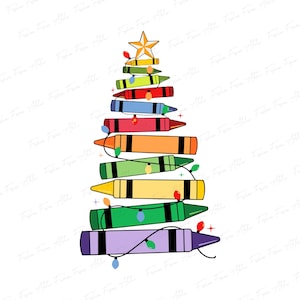 Pode incluir: Ilustração de uma árvore de Natal feita com lápis de cor empilhados. Os lápis são de várias cores, incluindo vermelho, laranja, amarelo, verde, azul e roxo. Uma estrela dourada coroa a árvore, com luzes.