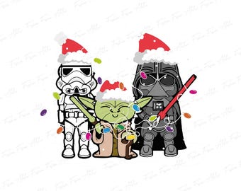 Peut inclure: Illustration festive avec les personnages de Star Wars, Stormtrooper, Yoda et Dark Vador, tous portant des bonnets de Père Noël. Ils sont ornés de guirlandes lumineuses colorées et d'un sabre laser rouge, idéal pour les fêtes.