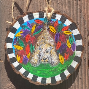 Soft Coated WHEATEN TERRIER Ornament &quot;Autumn Leaf Play&quot;. Dog Art. Acrylic on rustic pine. Hand-painted original art.