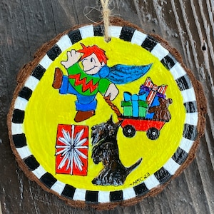 SCOTTISH TERRIER Ornament &quot;Scottie&#39;s Special Delivery&quot;&quot; Hund Kunst. Acryl auf rustikalem Kiefernholz. Handgemalte Kunst.