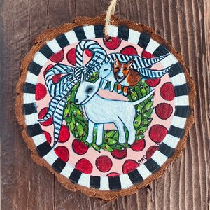 BULL TERRIER Ornament "Puppy Wreath". Dog Art. Acrylic on rustic pine. Hand-painted original art.