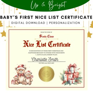 Certificado LISTA DE BUENOS BEBÉS 2024 / Certificado Primer Papá Noel del Bebé / Primera Navidad del Bebé / Navidad Personalizada / Descarga Digital