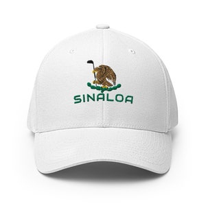 May include: White baseball cap with an embroidered green and yellow Mexican eagle design and the word "SINALOA" in green.