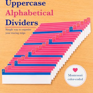 May include: A set of twenty-six rectangular dividers for organizing tracing strips, each featuring a tab with a letter from A to Z in cursive script. The dividers are pink with blue accents and white base labels, labeled Uppercase Alphabetical Dividers.