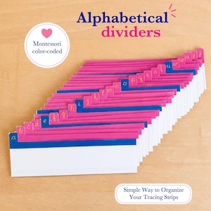 Peut inclure: Un ensemble de séparateurs alphabétiques avec des onglets roses portant des lettres cursives jaunes de a à z, des accents bleus et des bases rectangulaires blanches. Le texte indique Alphabetical dividers, Montessori color-coded et Simple Way to Organize Your Tracing Strips.