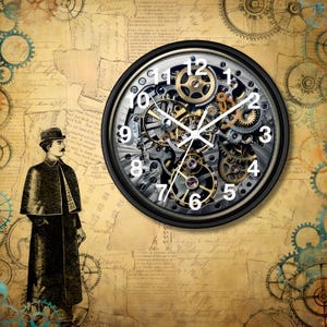 May include: A round wall clock with a black frame and a visible mechanical movement. The clock face features white numerals and hands, set against a backdrop of gears and vintage paper. A figure in a long coat and hat stands to the left.