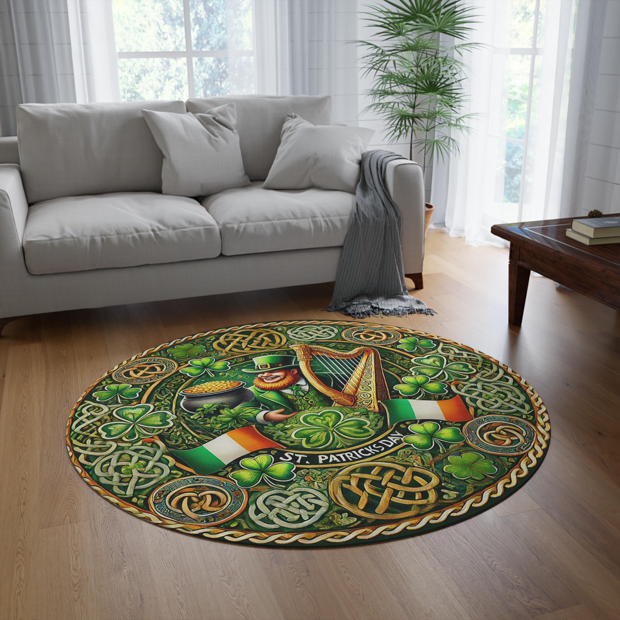 St. Patrick's Day Round Rug - Celtic Clover Design, Shamrock Home Decor, Irish Holiday Decor, Festival Rug, Magic of Ireland