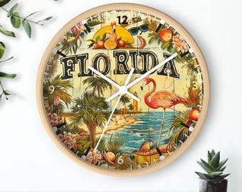 Relógio de parede vintage da Flórida tropical | Decoração náutica com tema de praia (25 x 25 cm)