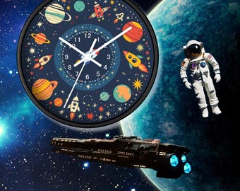 Kids Bedroom, Galactic Wall Clock: Planets & Rockets - Space Theme Decor 10"x10"
