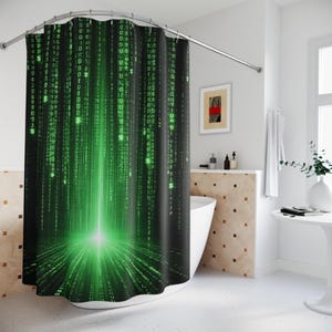 Green Matrix Code Shower Curtain | Cyber Tech Bathroom Decor
