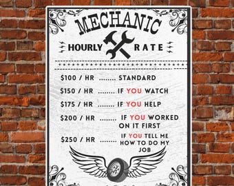 Funny Mechanic Hourly Rate Metal Sign: Sarcastic Garage Shop Decor