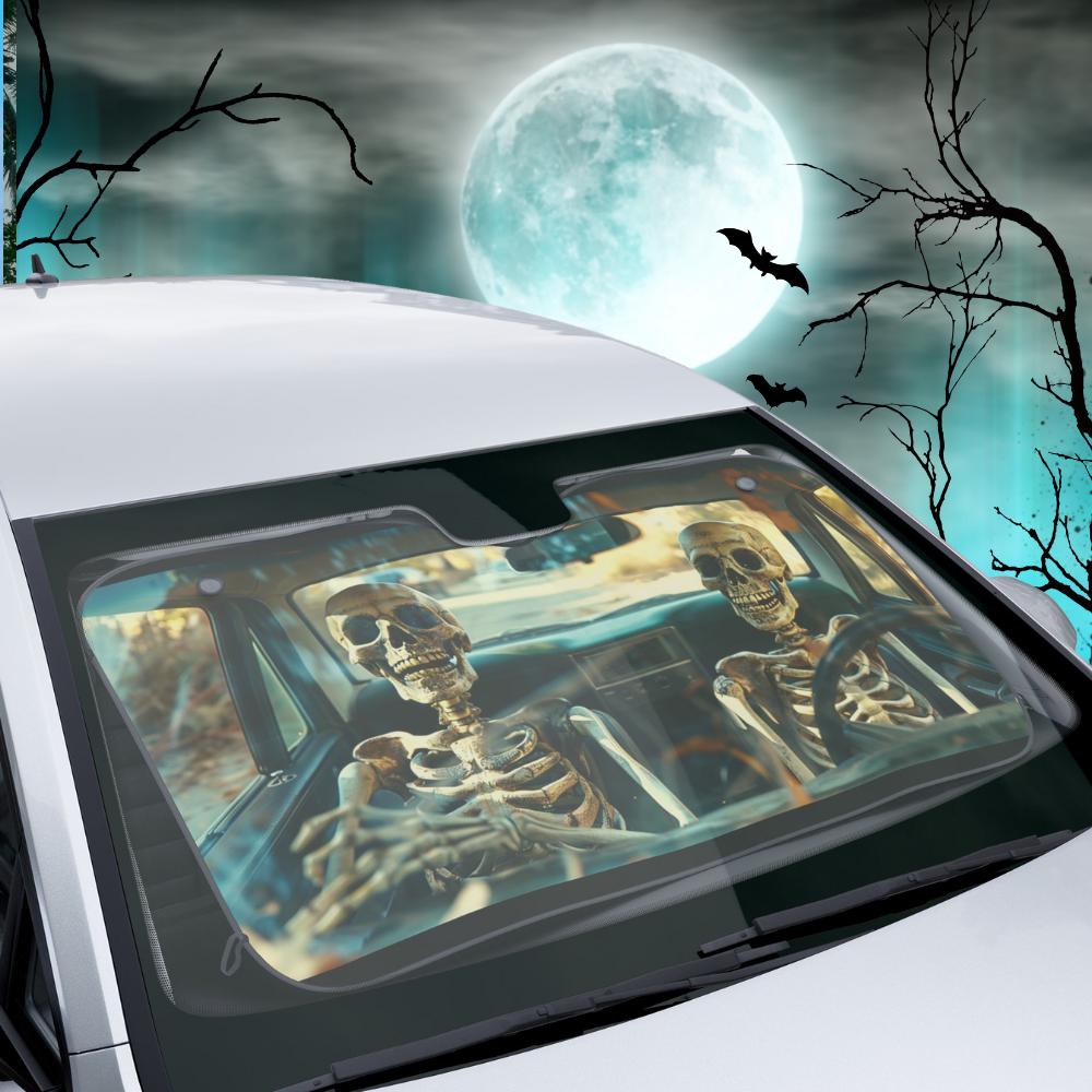 骸骨柄カーサンシェード：ハロウィンにぴったりの面白い車の装飾、UV