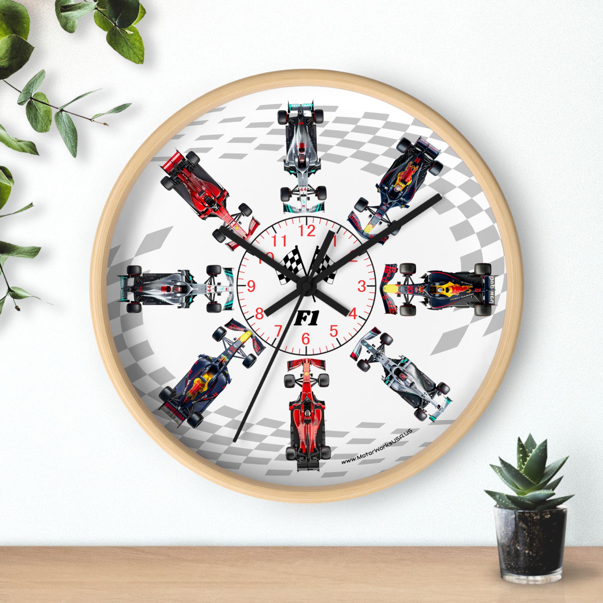フォーミュラレースカーの壁掛け時計 | レーシングテーマ、チェッカー