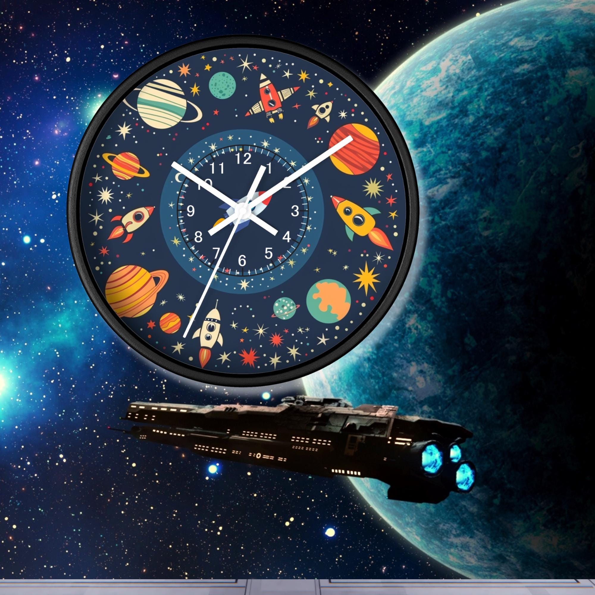 Kids Bedroom, Galactic Wall Clock: Planets & Rockets - Space Theme