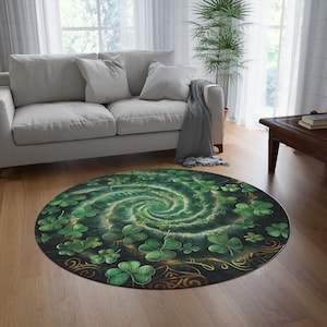 May include: A round green and gold area rug with a swirling pattern of shamrocks. The rug has a dark green background with a lighter green swirl in the center. The shamrocks are outlined in gold.
