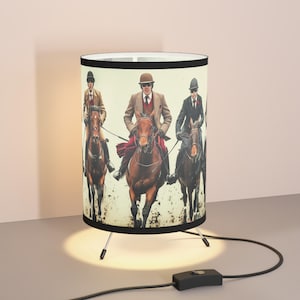 Equestrian Tripod Lamp: Vintage Horse Racing Shade, Rustic Home Lighting