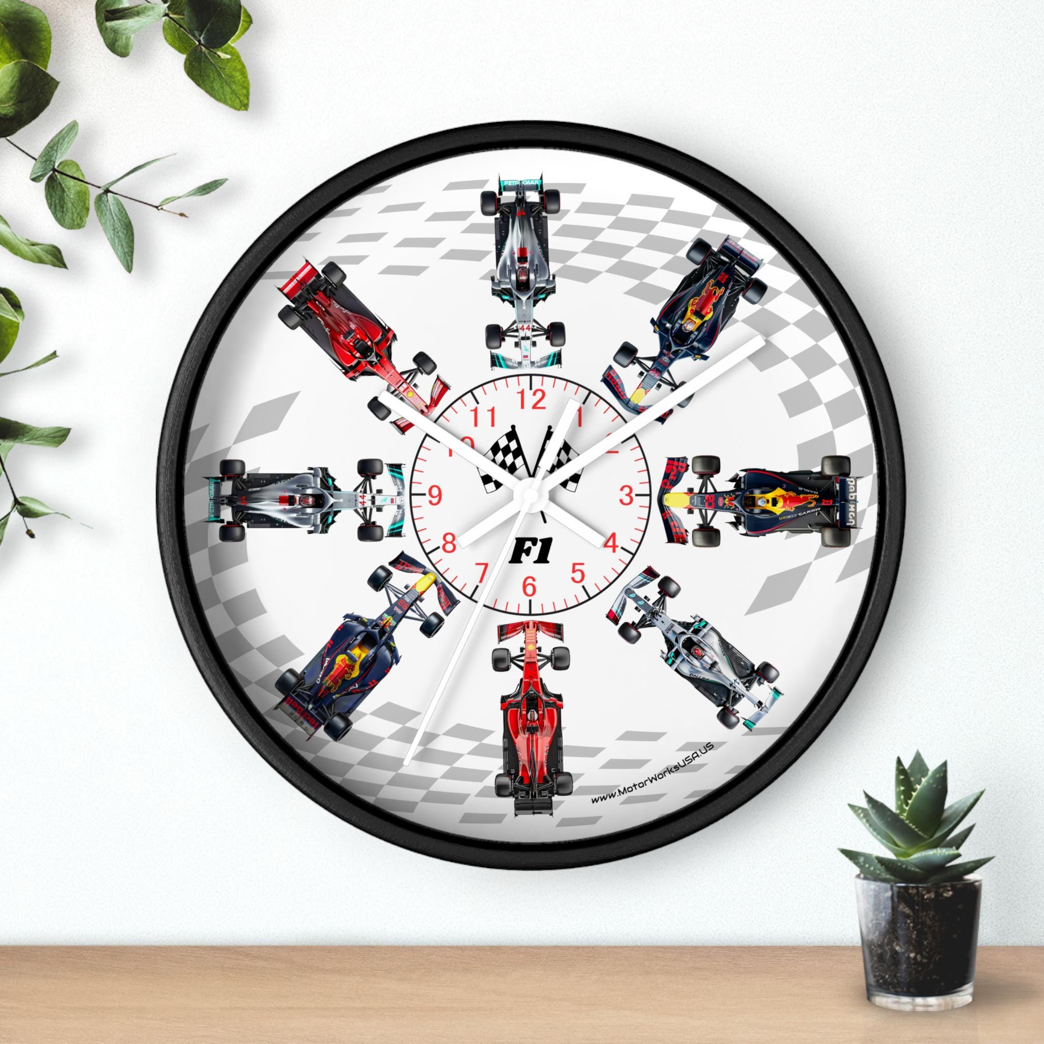 フォーミュラレースカーの壁掛け時計 | レーシングテーマ、チェッカー