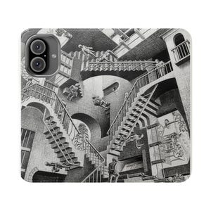 May include: A black and white illustration of a surrealist staircase with multiple levels and figures walking up and down. The staircase appears to be impossible, with steps leading both up and down at the same time.