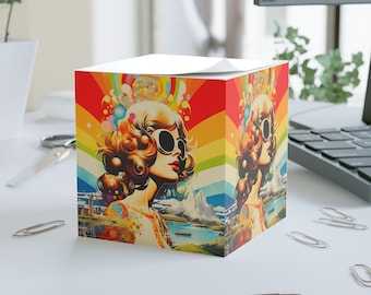 Retro Note Cube: Rainbow Sticky Notes - Vintage Desk Decor