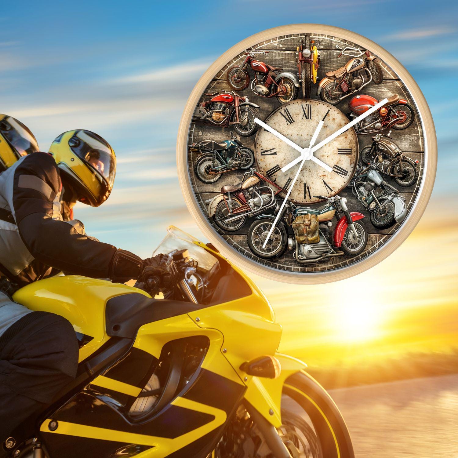 ヴィンテージバイク壁掛け時計：レトロなガレージ装飾、バイカーへの