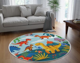 Dinosaur Round Rug - Kids Playroom Mat, Nursery Decor, Non-Slip Area Rug, Fun Play Rug, Dinosaur Theme Home Decor