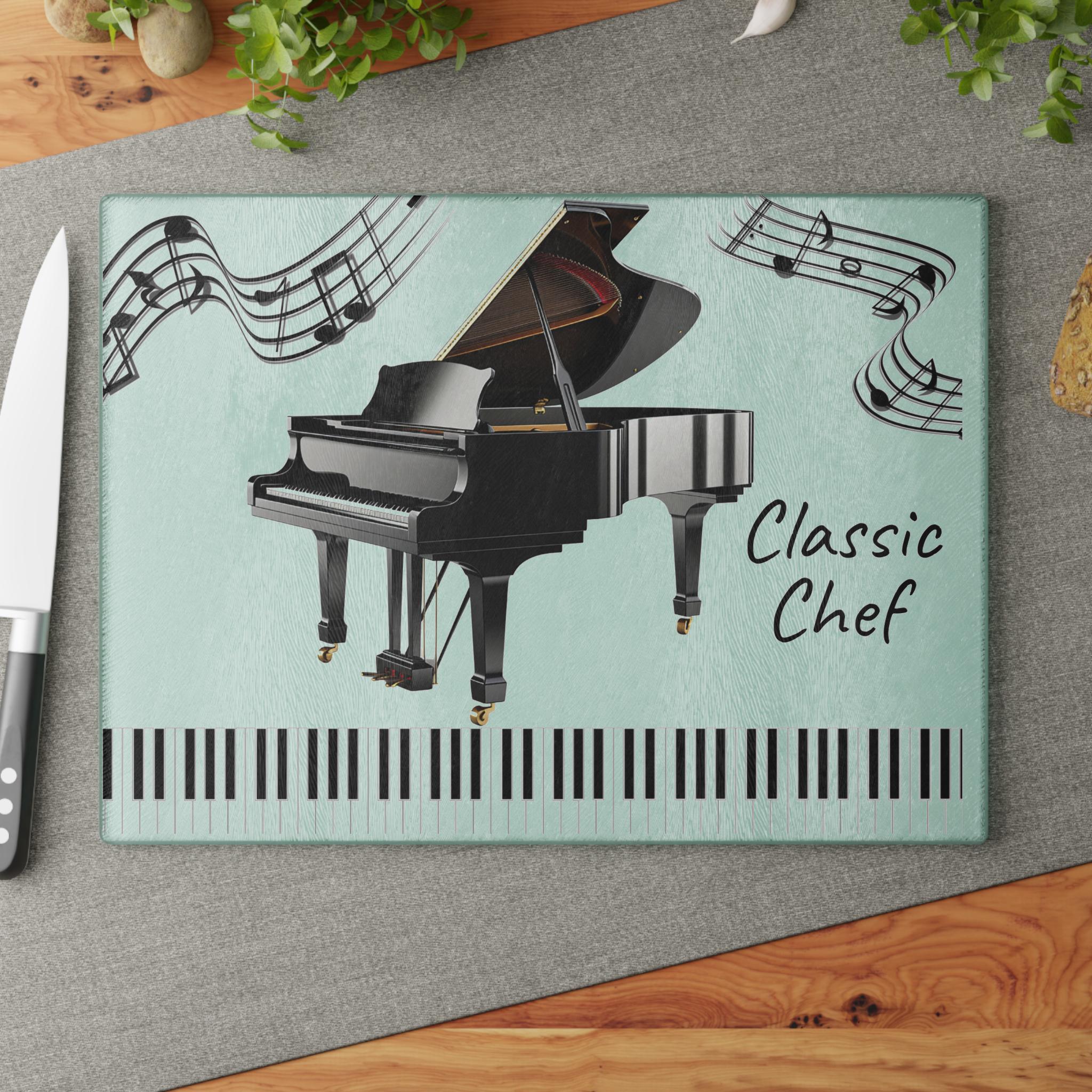 Planche à découper en verre design piano : décoration musicale de cuisine