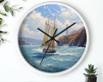 Reloj de pared con velero náutico de la costa irlandesa: decoración de casa de playa costera