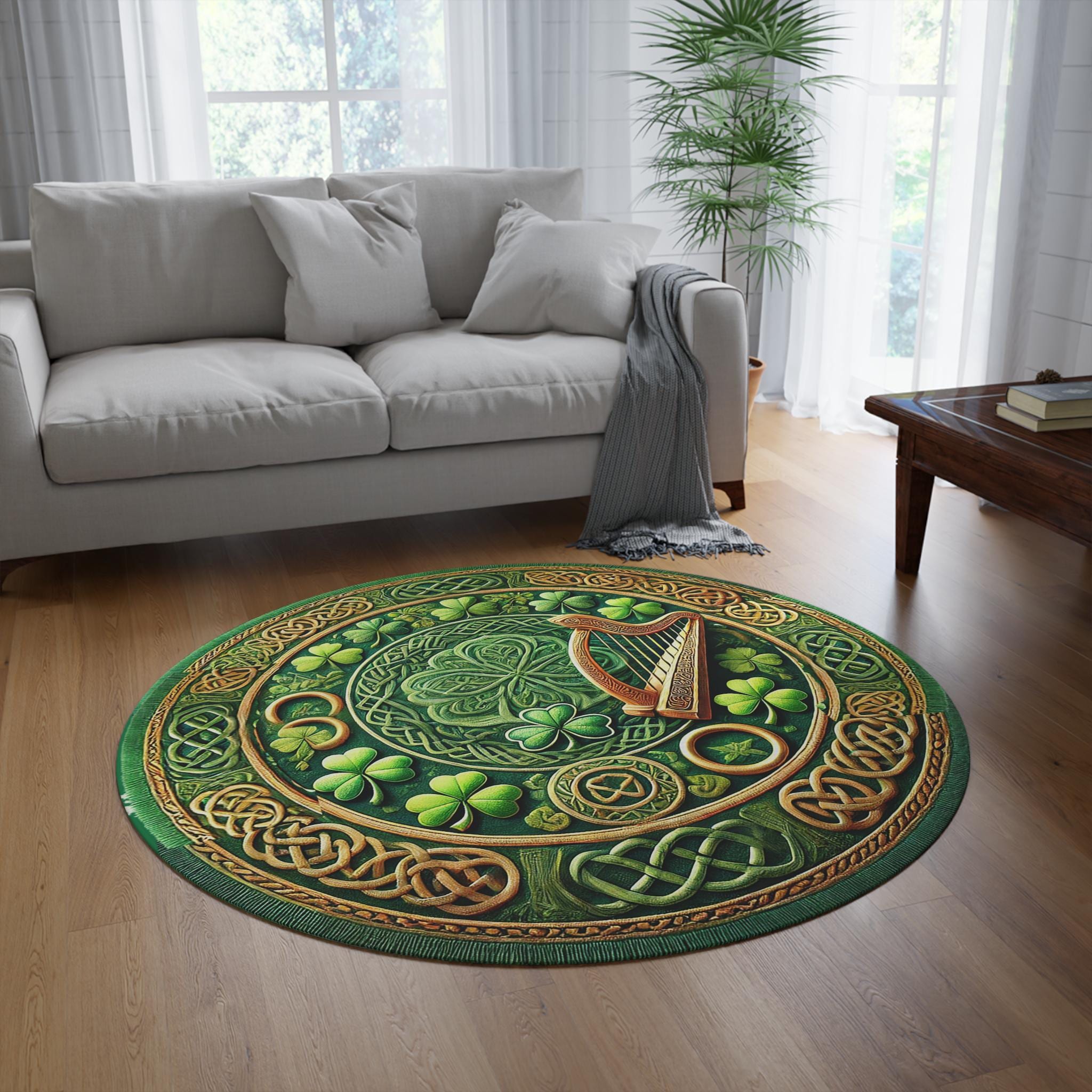 Celtic Round Rug: Irish Harp & Shamrock Design - 60