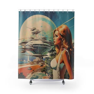 Retro Sci-Fi Shower Curtain: Futuristic Bathroom Decor