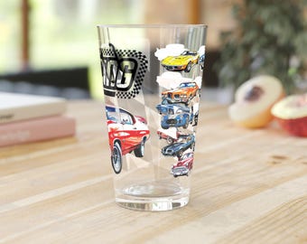 14 amerikanska klassiska muskelbilar i pintglas | 473 ml begränsad upplaga med bilmönster och dryckesglas