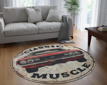 Classic Muscle Car Round Rug - Vintage Home Decor, Auto Enthusiast Gift, Car Lover&#39;s Mat, Retro Rug for Man Cave