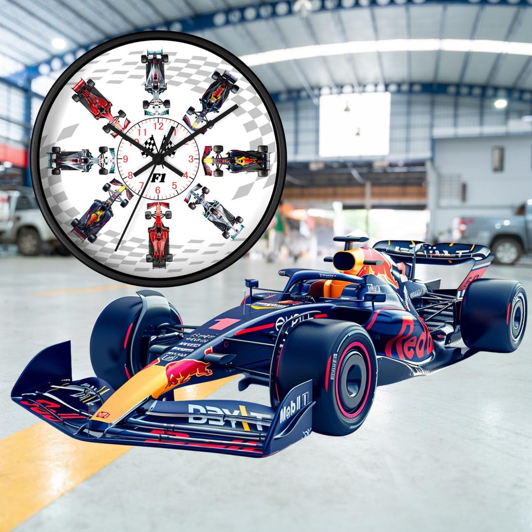 フォーミュラレースカーの壁掛け時計 | レーシングテーマ、チェッカー