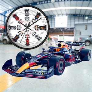 May include: A Formula 1 race car model in navy blue, red, and orange, with a matching wall clock featuring race cars around the clock face. The clock has a checkered flag design and the text "F1".