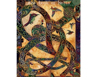 Le livre de Kells, poster vertical mat de colibris Knotwork Knotwork | Impression d'art celtique ornée
