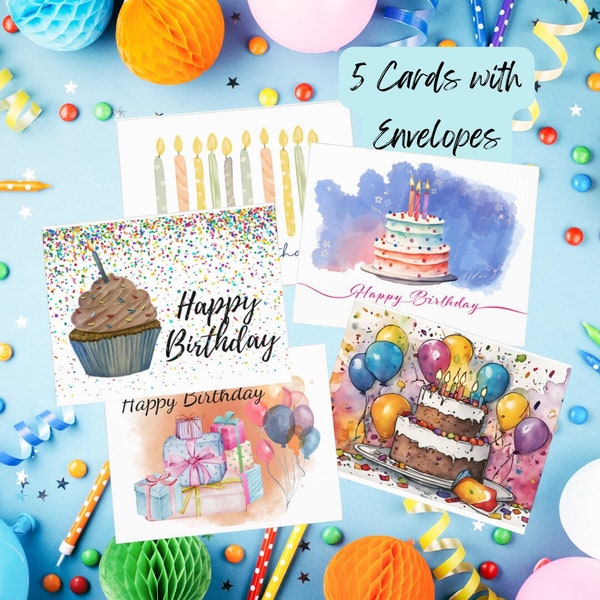 Colorful Birthday Card Set - 5 unique designs in package | Watercolor Greeting Card |  Envelopes Included | Hand Painted | Inside Images