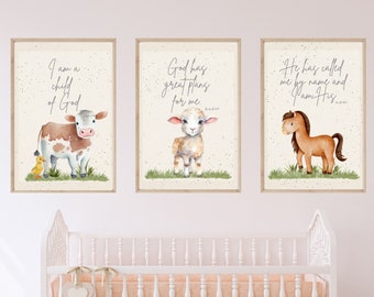 Farm Animal Printable Baby Room Wall Art- 3 Piece Nursery Set, Playroom Print, Baby Room Decor, Bible Verse kids room wall art, Baptism Gift